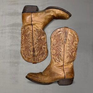 Dan Post Western Cowboy Boots Tan Leather Stitched Pointed Toe 9 D Vintage